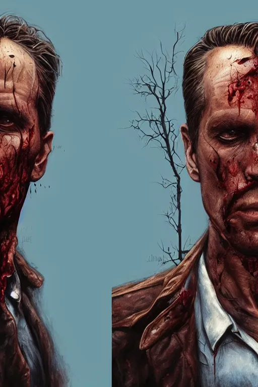 Image similar to a bloody and beaten man in a brown leather jacket in the style of of true detective. art by tomasz alen kopera and glenn fabry.
