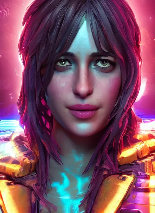 Image similar to glowwave portrait of dakota johnson from borderlands 3, au naturel, hyper detailed, digital art, trending in artstation, cinematic lighting, studio quality, smooth render, unreal engine 5 rendered, octane rendered, art style by klimt and nixeu and ian sprigger and wlop and krenz cushart.