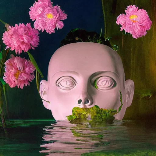 Image similar to a surreal vaporwave vaporwave vaporwave vaporwave vaporwave painting by Thomas Cole of an old pink mannequin head with flowers growing out, sinking underwater, highly detailed, caustics, sunrays, 8k hyperdetails