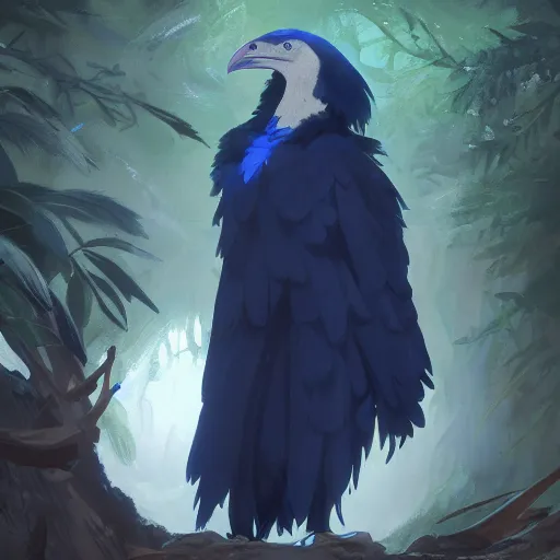 Image similar to concept art painting of an anthropomorphic albino raven wearing dark blue robes, in the deep forest, realistic, detailed, cel shaded, in the style of makoto shinkai and greg rutkowski and james gurney