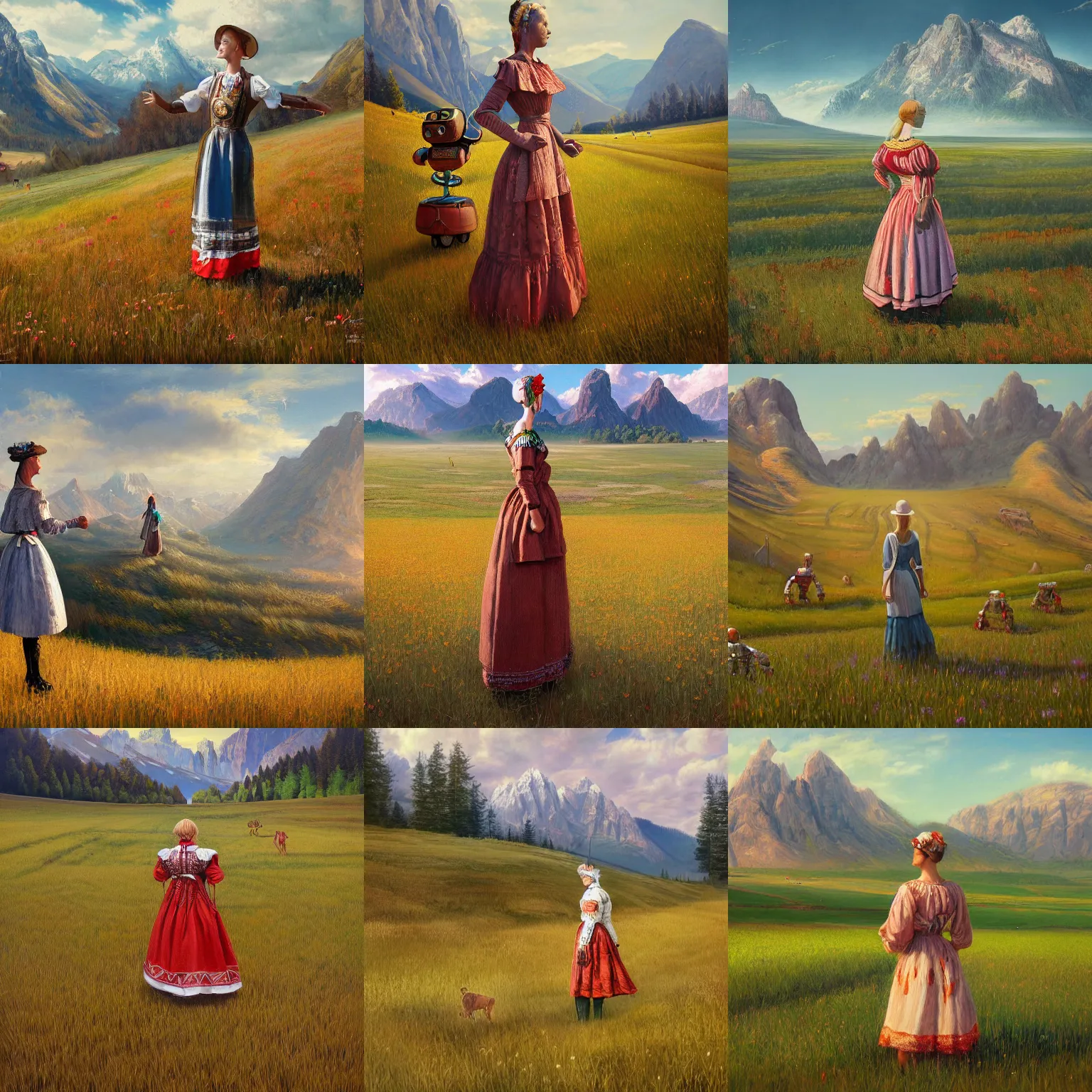 Prompt: 4K, ultra detailed painting of a woman dressed in Polish folk dress standing in the field, mountains in the background, Robots playing with humans, Jean Moebius Rutkowski, artstation, Jean Moebius