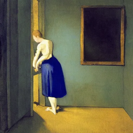 Image similar to a girl in a blue and gold haunted liminal room, film still by goya, subject by balthus, colors by pontormo, lights by hopper, extreme detail, liminal aesthetic, background art nouveau,