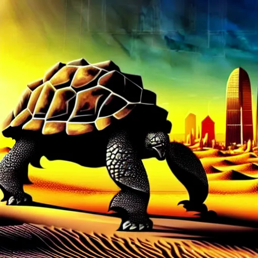 Prompt: Large Fantasy Cityscape located on the back of a Giant tortoise stomping through the hot sunny desert, High detail, Dungeons and Dragons 4k