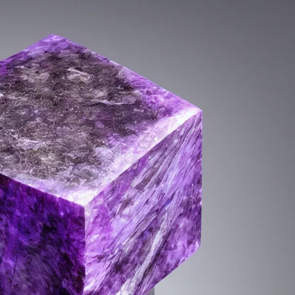 Image similar to a 4 k photorealistic photo close up of a purple stone cube, mysterious.