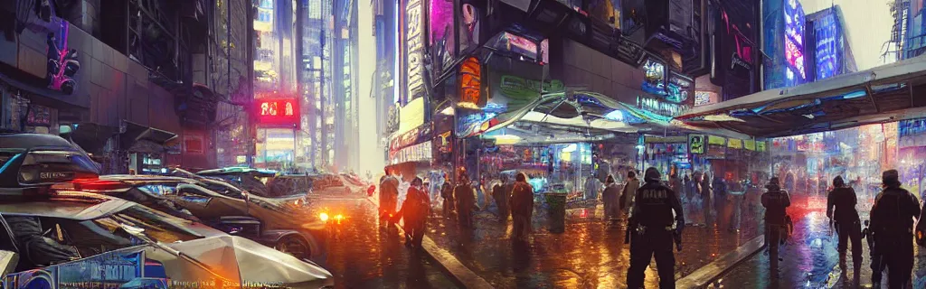 Image similar to a busy cyberpunk street marketplace with a heavy police presence. night, raining, 8 k, epic cinematic hyperrealism masterpiece. realistic poster with shaded lighting by craig mallismo, artgerm, jeremy lipkin and michael garmash, unreal engine, radiant light, detailed and complex environment, digital art, art station trends, detailed, lens flare, motion blur