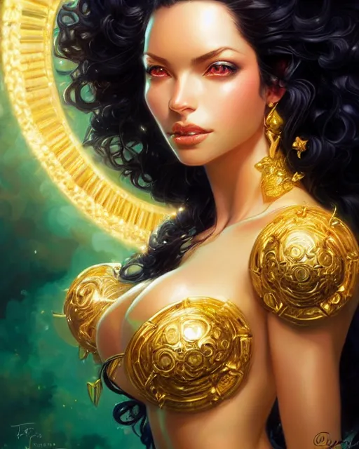 Image similar to portrait of a beautiful goddess with curly black hair and green eyes, crystalline gemstones and golden luxe, radiant halo of light, gilding, jesper ejsing, artgerm, photorealism, artstation