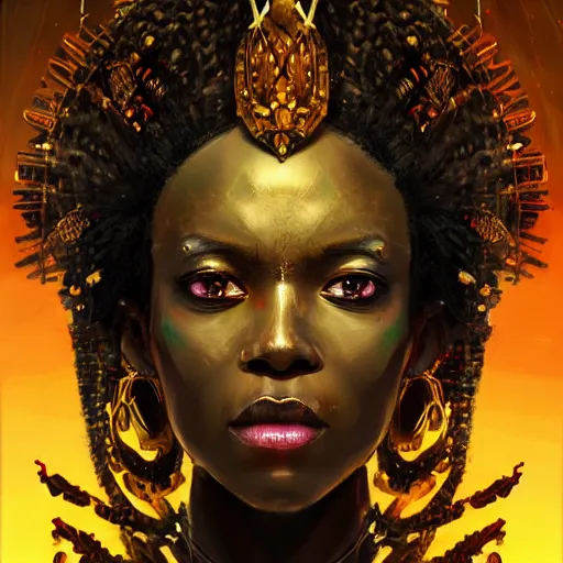 Image similar to a dark and ominous african queen with glowing eyes and a golden crown with a ruby, Apex Legends character digital illustration portrait design, by android jones and greg rutkowski in a cyberpunk voodoo style, detailed, cinematic lighting, wide angle action dynamic portrait