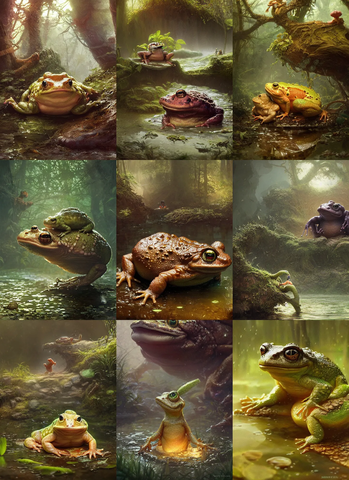 Prompt: mother toad cute amphibian, unreal engine, octane render, dramatic lighting, pond, digital art, by Stanley Artgerm Lau, greg rutkowski, thomas kindkade, alphonse mucha, loish, norman Rockwell