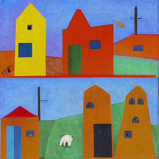 Prompt: adorable tiny village houses & cute animals by rufino tamayo