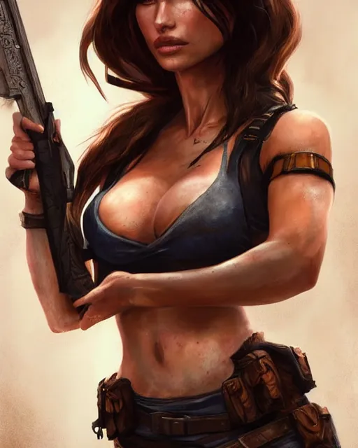 Prompt: olga kurylenko as lara croft, fantasy art, in the style of artgerm, illustration, epic, fantasy, intricate, hyper detailed, artstation, concept art, smooth, sharp focus, unreal engine, vibrant, photorealistic, simon bisley