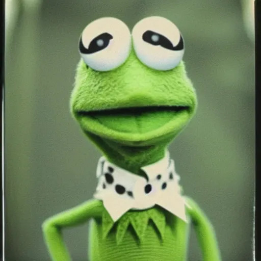 Image similar to polaroid shot of kermit the frog in the movie the matrix