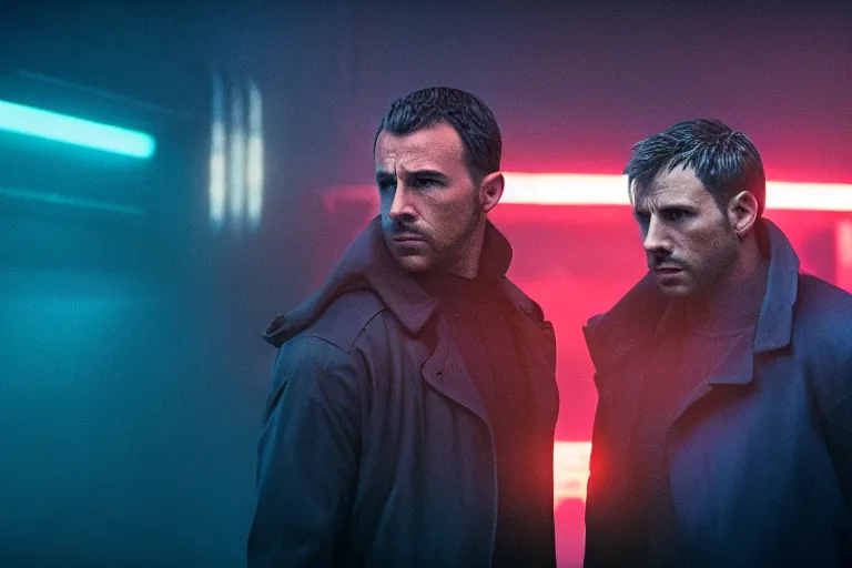 Image similar to film still of closeup diverse futuristic detective partners couple in blade runner 2 0 4 9, cinematic, moody, gritty neon noir by emmanuel lubezki