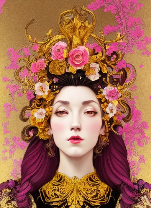 Image similar to beautiful black pink yellow, complicated gold and pink flowers in baroque style headwears, dark fantasy, intricate, elegant, highly detailed, digital painting, artstation, concept art, matte, 3 d 8 k octane rendered, sharp focus, illustration, octane rendered, art by artgerm and alphonse mucha, leesha hannigan