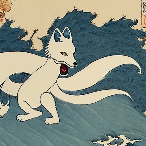 Image similar to white kitsune, nine tailed fox, near a lake, hokusai style