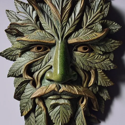 Image similar to highly detailed wood carving depicting the face of the green man, as if made of cannabis leaves