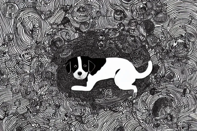 Prompt: cute black and white jack russel terrier laying on dog bed, large round eyes, concept art, fantasy illustration, sketch by victo ngai and diego gisbert llorens