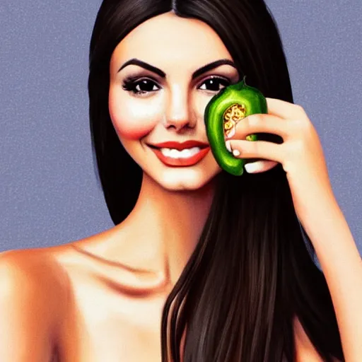 Image similar to one face shot of victoria justice in a jalapeno by 5 randomly selected famous illustrators. vastly enriched image quality. lucidly vivid. iridescentally detailed. extremely elegant and beautiful.