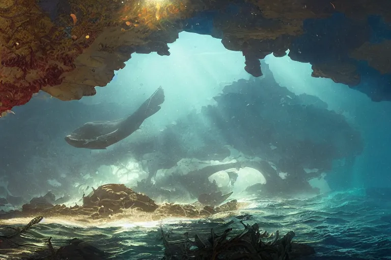 Image similar to a scenic view of the lost and abandoned city of Atlantic under water, ray of sunlight, whale fall, fish flocks, Greg Rutkowski, Moebius, Mohrbacher, Mucha, blue and gold color scheme, ultra wide angle, light effect