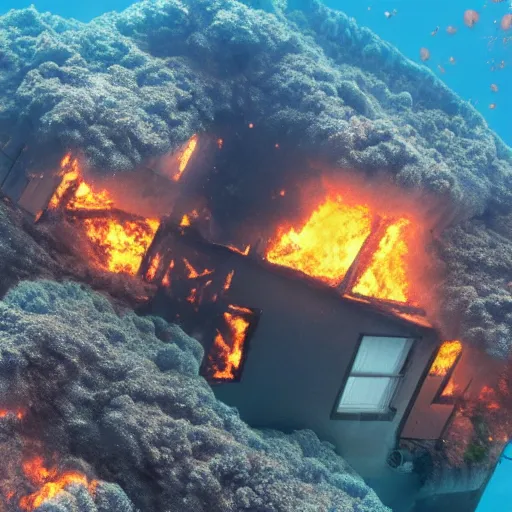 Image similar to a house burning underwater, with a humanoid robot, 8 k resolution, colorful, mariana trench