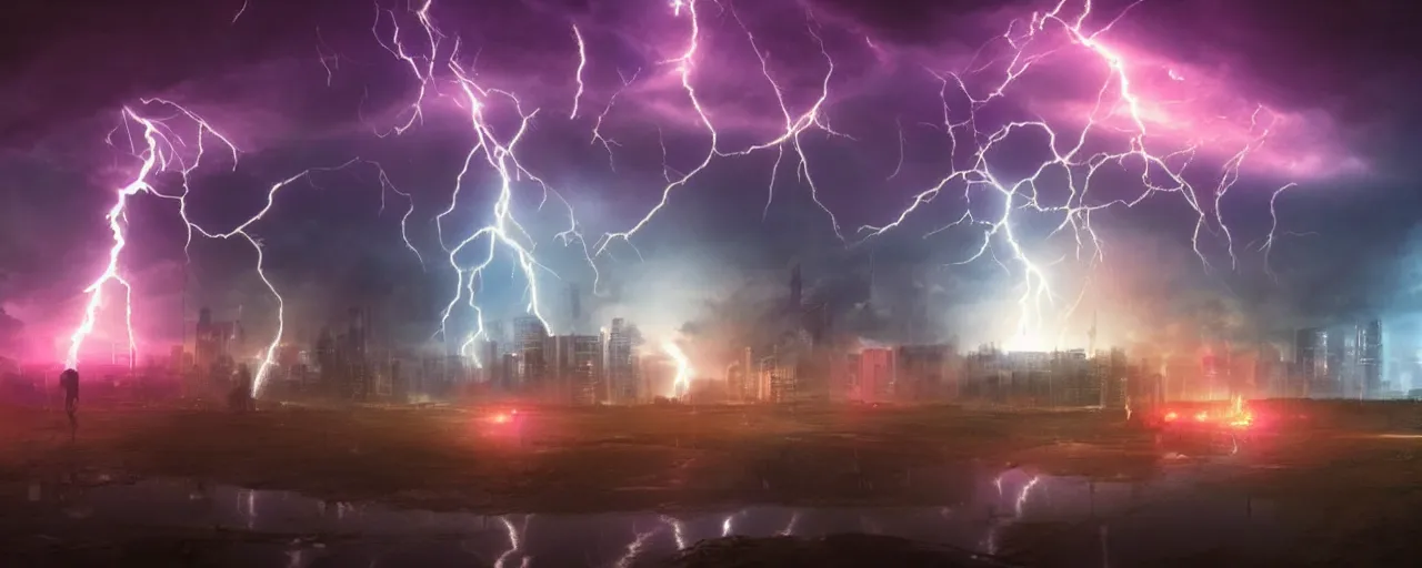 Prompt: cyberpunk landscape, vivid, volumetric lighting, lightning, thunder, storm, portal, puddles, mystical, lens flares, fog