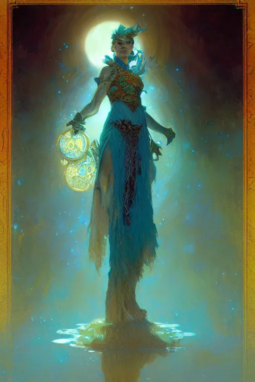 Image similar to pearlescent turquoise moon sorcerer, character design, painting by gaston bussiere, craig mullins, greg rutkowski, alphonse mucha, trending on artstation