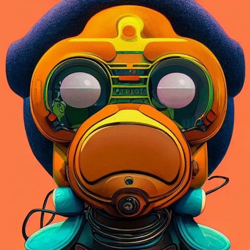 Image similar to cheburashka futurama cyberpunk portrait by gaston bussierre and charles vess and james jean and erik jones and rhads, inspired by rick and morty, epic, funny, huge scale, beautiful fine face features, intricate high details, sharp, ultradetailed