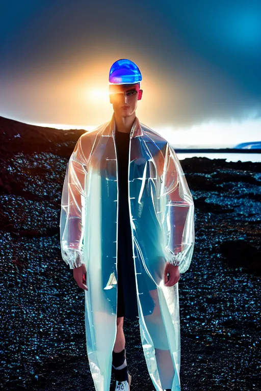 Image similar to an ultra high definition professional high fashion portrait studio full length photograph of a male model wearing a transparent pearlescent raincoat and neon visor in an icelandic black rock environment at dawn. no artefacts. extremely detailed. stark. refraction. shallow depth of field. volumetric light and shadow. ray tracing. light rays.