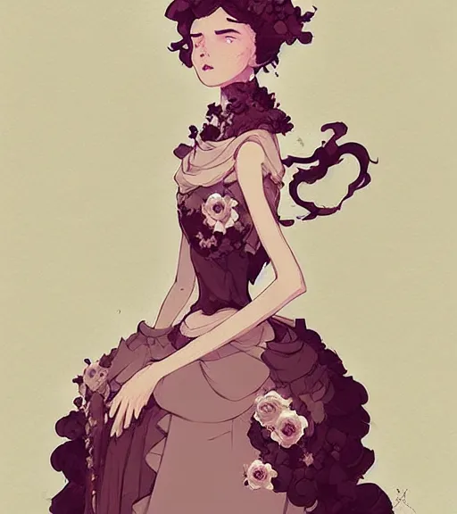 Image similar to portrait of a baroque dress design inspired by flower for fantasy world queen by atey ghailan, by greg rutkowski, by studio ghibli, by greg tocchini, by james gilleard, by joe fenton, by kaethe butcher, dynamic lighting, grunge aesthetic