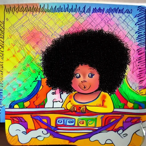 Image similar to a fat girl with a big afro sitting in a boat who is eating crayons