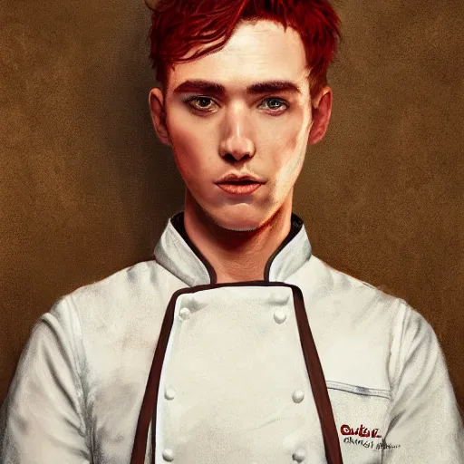 Prompt: masterpiece closeup portrait of a young man with red hair in a chef's apron by Greg Rutkowski, 4k, masterpiece, cinematic, dungeons and dragons, detailed, symmetrical eyes