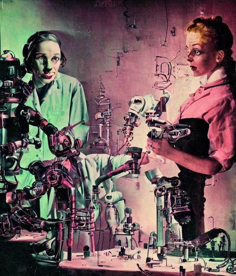 Prompt: a female mad scientist building a robot man, in a darkly lit laboratory room, 1 9 5 0 s horror movie poster style, norman rockwell oil painting, tight shot, close - up shot, retro science fiction, vintage, saturated pink and green lighting, shadowy lighting, cohesive