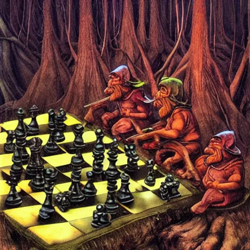 Prompt: two gnomes playing chess in a forest, fluid, smooth, organic, crazy, bright, colours, tumours, high contrast, sharpness, dramatic, very detailed, intricate, by giger and corben and moebius and beksinski and bosch and bacon