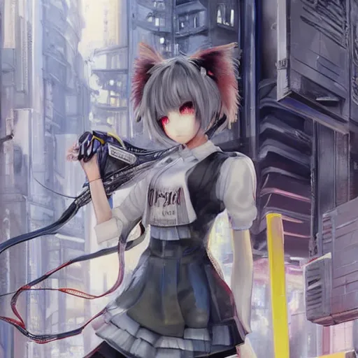 Image similar to dynamic composition, motion, ultra-detailed, incredibly detailed, a lot of details, amazing fine details and brush strokes, colorful and grayish palette, smooth, HD semirealistic anime CG concept art digital painting, watercolor oil painting of Clean and detailed post-cyberpunk sci-fi close-up schoolgirl in asian city in style of cytus and deemo, blue flame, relaxing, calm and mysterious vibes,, by a Chinese artist at ArtStation, by Huang Guangjian, Fenghua Zhong, Ruan Jia, Xin Jin and Wei Chang. Realistic artwork of a Chinese videogame, gradients, gentle an harmonic grayish colors. set in half-life 2, Matrix, GITS, Blade Runner, Neotokyo Source, Syndicate(2012), dynamic composition, beautiful with eerie vibes, very inspirational, very stylish, with gradients, surrealistic, dystopia, postapocalyptic vibes, depth of field, mist, rich cinematic atmosphere, perfect digital art, mystical journey in strange world