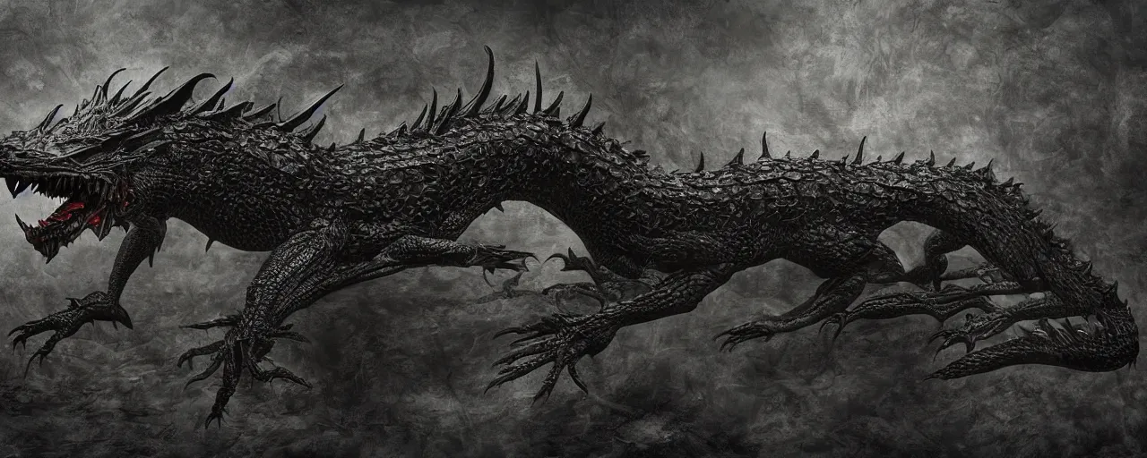 Image similar to full body, side perspective, large black scaled dragon, 3D, 8k resolution, by H R Giger