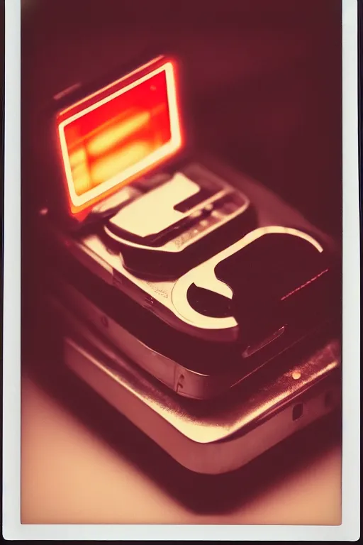 Prompt: analog vintage photography portrait polaroid of a chrome gameboy, bright light, lensflare, reflection, red color bleed, heavy film grain, bloom, glow