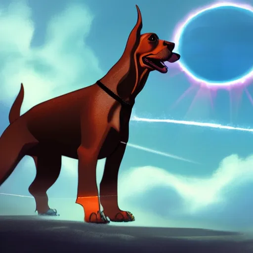 Prompt: a dobermann puppy shooting lasers at a sky monster, trending on artstation