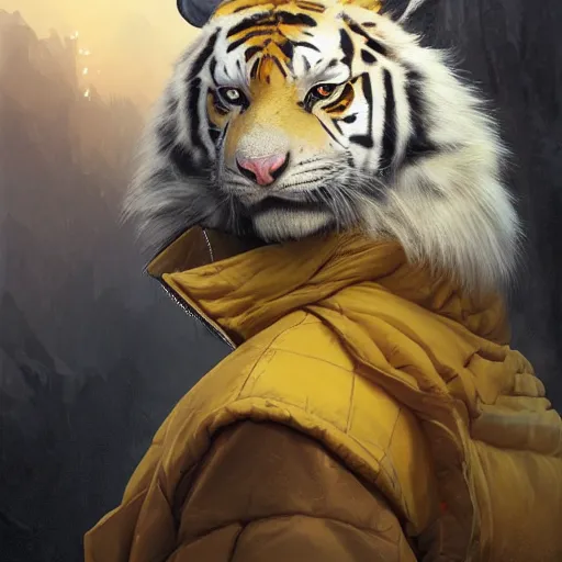 Image similar to a beautfiul award winning aesthetic commission of an antrho albino tiger wearing a yellow-black padded hooded puffer jacket,digital art,art by greg rutkowski,character design by charles bowater,ross tran,photorealistic,detailed face,hyperdetailed,western comic,2021,artstation,deviantart