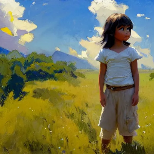 Image similar to Greg Manchess painting of dora the explorer, countryside, fantasy character portrait, dynamic pose, above view, sunny day, thunder clouds in the sky, artwork by Jeremy Lipkin and Giuseppe Dangelico Pino and Michael Garmash and Rob Rey, very coherent asymmetrical artwork, sharp edges, perfect face, simple form, wacky, 100mm