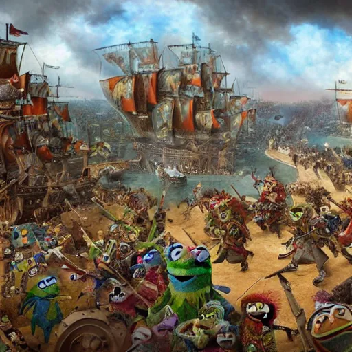 Image similar to muppet siege warfare, epic battle painting with extreme detail, very wide panorama