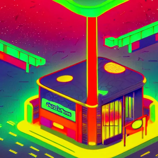 Prompt: Liminal space in outer space, Googie Kitsch aesthetic, colorful, isometric, at night with neon lights