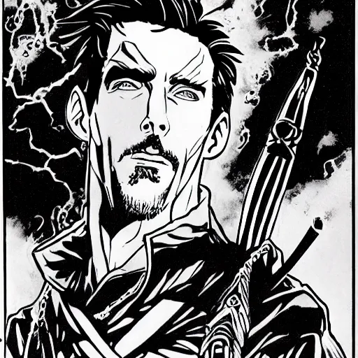 Prompt: pen and ink!!!! attractive 22 year old Dr. Strange Gantz monochrome!!!! Frank Zappa x Ryan Gosling highly detailed manga Vagabond!!!! telepathic floating magic swordsman!!!! glides through a beautiful!!!!!!! battlefield magic the gathering dramatic esoteric!!!!!! pen and ink!!!!! illustrated in high detail!!!!!!!! graphic novel!!!!!!!!! by Hiroya Oku!!!!!!!!! and Frank Miller!!!!!!!!! MTG!!! award winning!!!! full closeup portrait!!!!! action manga panel