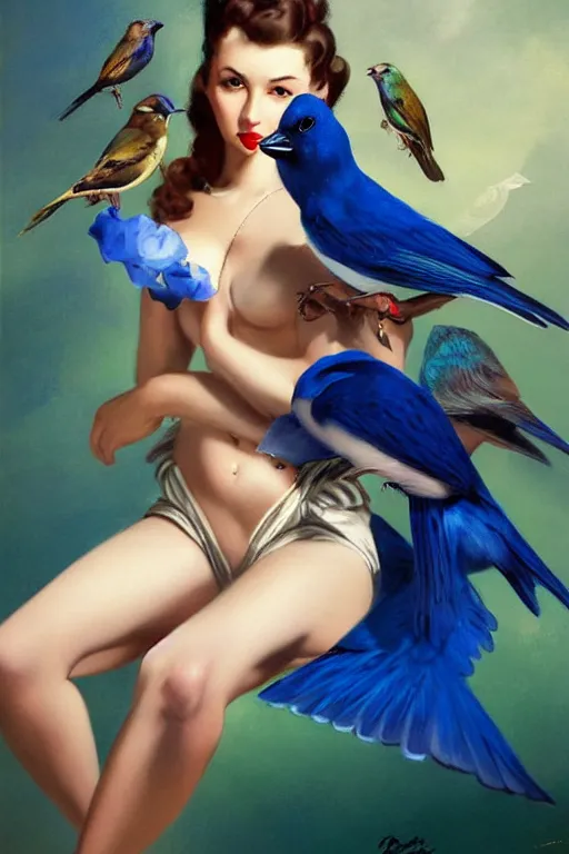 Image similar to hyper realistic painting, tasteful pinup girl holding an indigo bunting, bird, the bird is wearing a bowtie, by greg rutkowski, rossdraws, gil elvgren, enoch bolles, anime, porcelain skin, very coherent