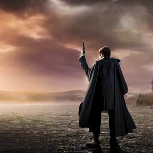 Image similar to Harry potter standing and holding a short wand, magic aura, side view, daniel radcliffe, thunderclouds, cinematic shot, wide shot, epic scale, waving robe movement, photorealistic detail and quality, intricate cobblestone, floating rocks, particle effects, movie still, nighttime, crescent moon, sharp and clear, action shot, intense scene, visually coherent, symmetry, rule of thirds, movement, photorealistic colors, cool colors transitioning to warm colors, modest tone, award winning, directed by Steven Spielberg, Christopher Nolan, Tooth Wu, Asher Duran, artstation