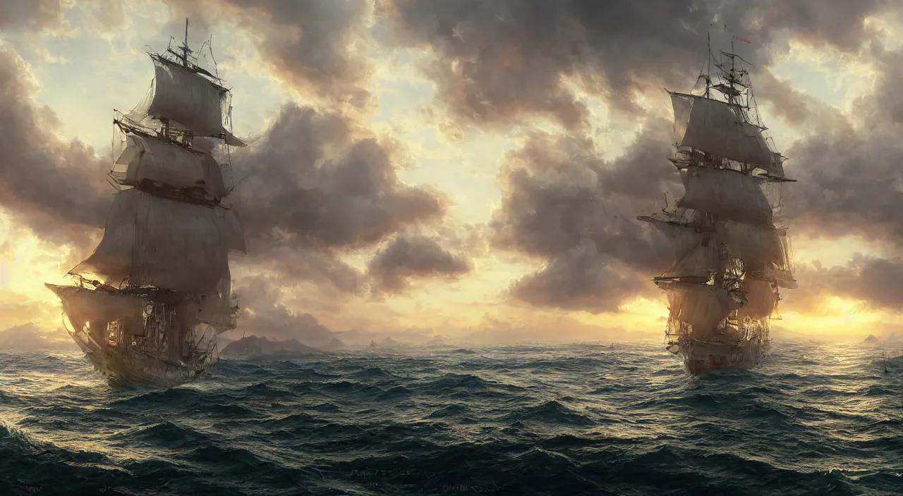 Prompt: hyper realistic detailed matte painting of galleon sailing towards the rising sun, calm ocean, sunset lighting, cloudless sky, hyperdetailed unreal engine 8 k ultra hd, stanley artgerm lau, rossdraws, james jean marc simonetti ruan jia and mandy jurgens and artgerm and william illustration, digital art, concept art