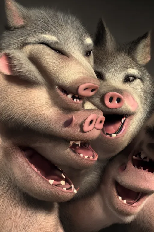 Image similar to three little pigs tickling the wolf who is begging for mercy. cinematic lighting, unreal engine, 8 k, hd extremely detailed. 4 k. award winning. ultra realistic photo.