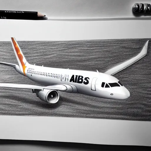 Prompt: a very detailed pencil drawing of an airbus a 3 2 0 airplane 4 k, high resolution, still, landscape, hd, dslr, hyper realistic, sketch