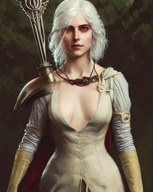 Image similar to Pre-Raphaelite Ciri from Witcher 3 by Artgerm and Greg Rutkowski, wearing haute couture by schiaparelli, sharp focus, sun rays, full body, intricate, elegant, highly detailed, digital painting, pale