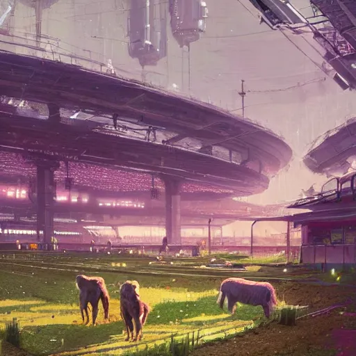 Image similar to a farm inside of a stadium, Simon Stalenhag, Wadim Kashin, solarpunk, 4K, cinematic