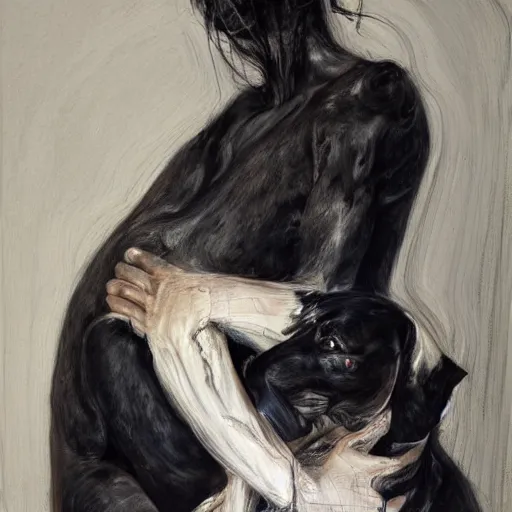 Image similar to woman with black greyhound, by jenny saville. dark atmosphere