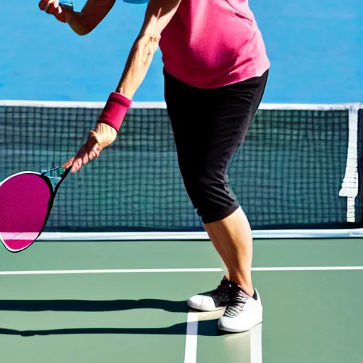 Prompt: close up action photo of 6 0 year old athletic woman swinging a pickleball racket